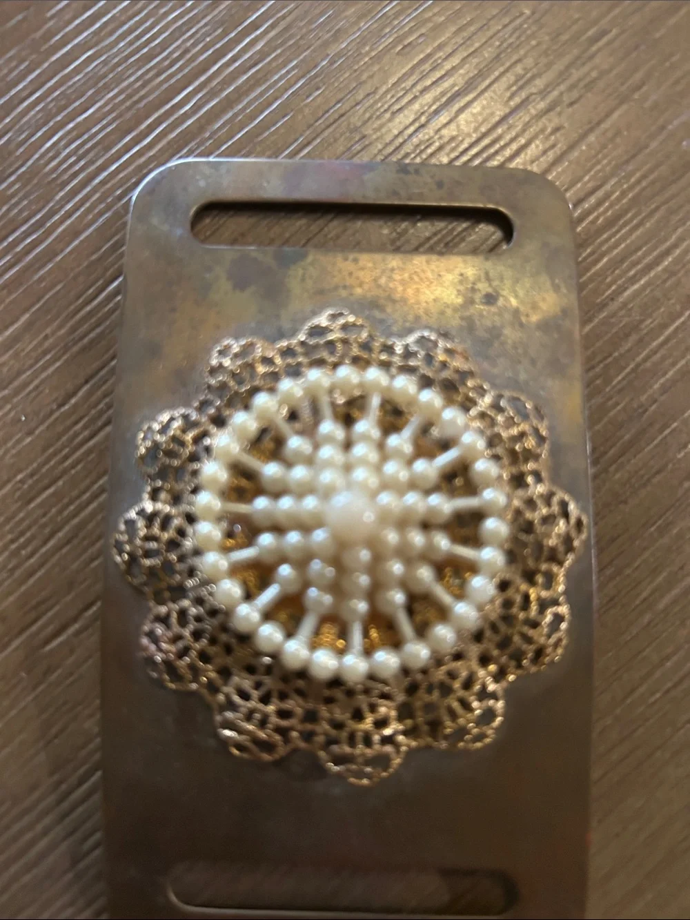 Vintage Faux Pearl Filigree Belt Buckle - Cream & Gold
